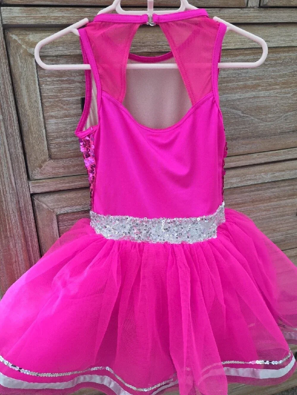 Weissman Hot Pink Sequin Tutu Dress with Silver Bow